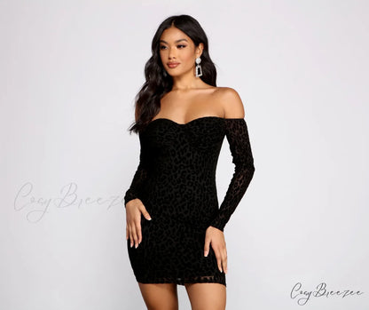 Flocked Velvet Stylish Leopard Print Bodycon BLACK / S