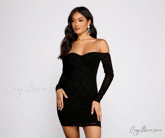 Flocked Velvet Stylish Leopard Print Bodycon BLACK / S