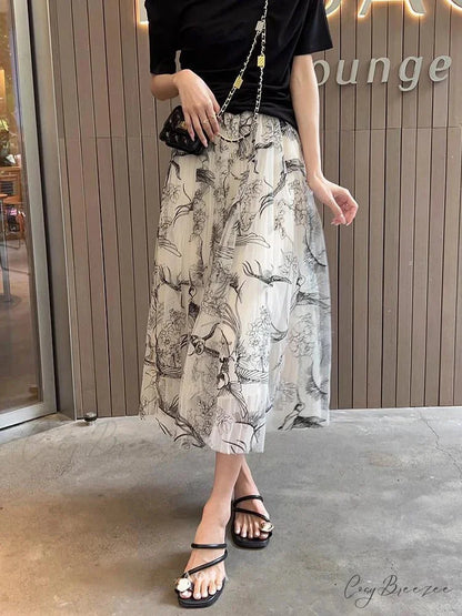 Flocking Flower Bird Tulle Gauze Elastic Waist Midi Skirt white / Free size skirt-250126