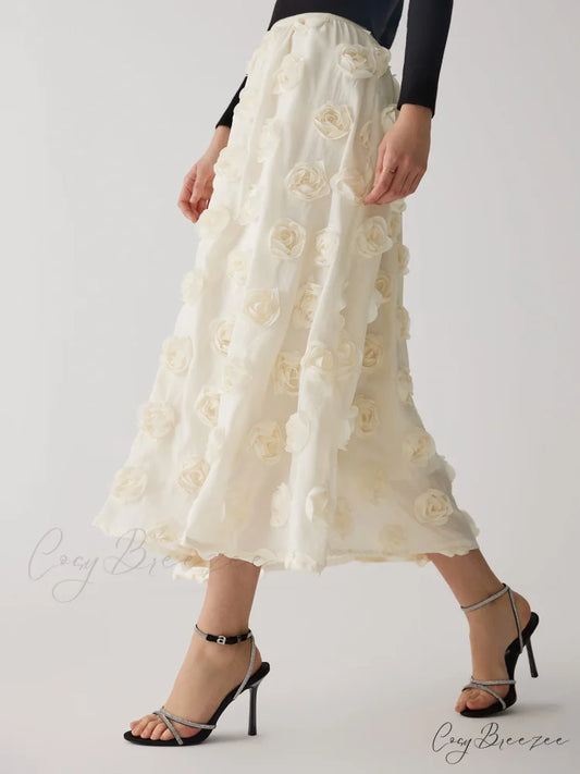 Floral A-Line Graceful Midi Skirt Apricot / S