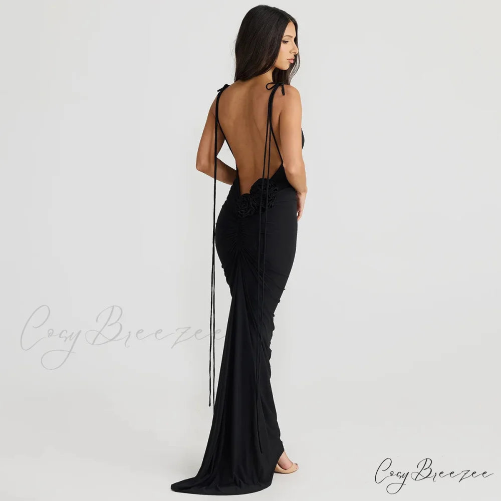 Floral-applique Backless Maxi Christmas Party Dress
