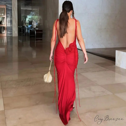 Floral-applique Backless Maxi Christmas Party Dress