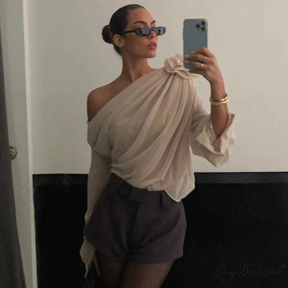 Floral Applique Mesh Chiffon Graceful One Shoulder Long Sleeve Top apricot / S
