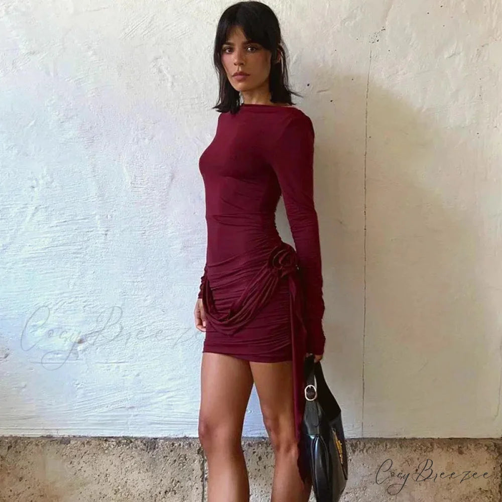 Floral Appliques Long Sleeve Ruched Bodycon Holiday Solid Slim Mini Dress Burgundy / S