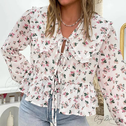Floral Babydoll Frilled Shirt WHITE / S blouse-250223