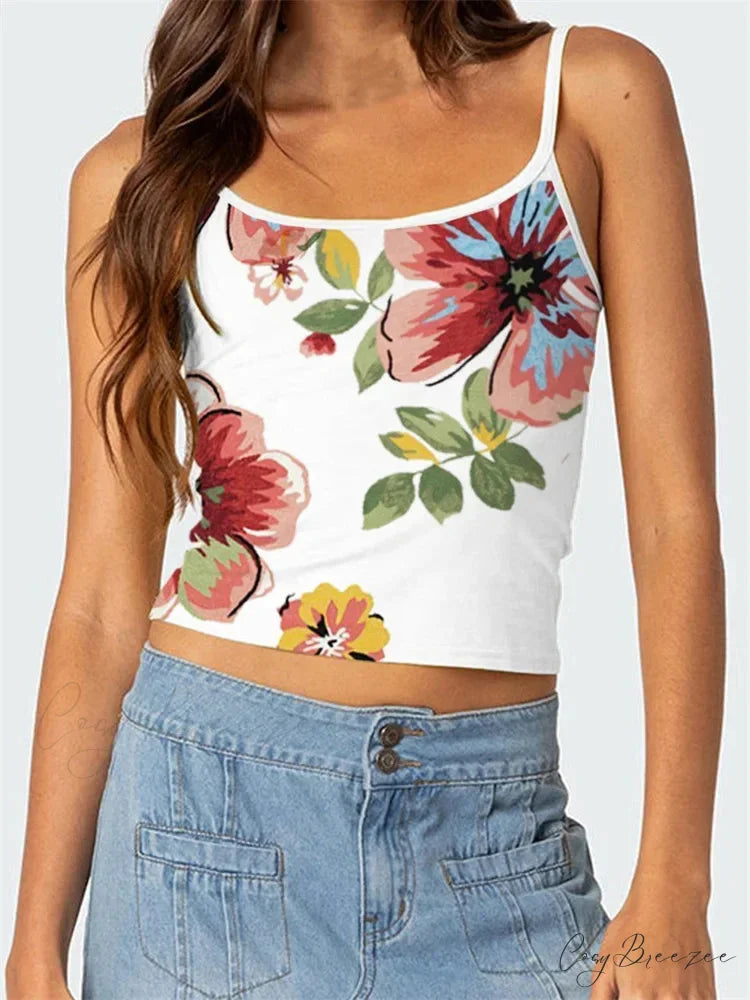 Floral Backless Spaghetti Strap Vintage Crop Top WHITE1 / S croptop-250126