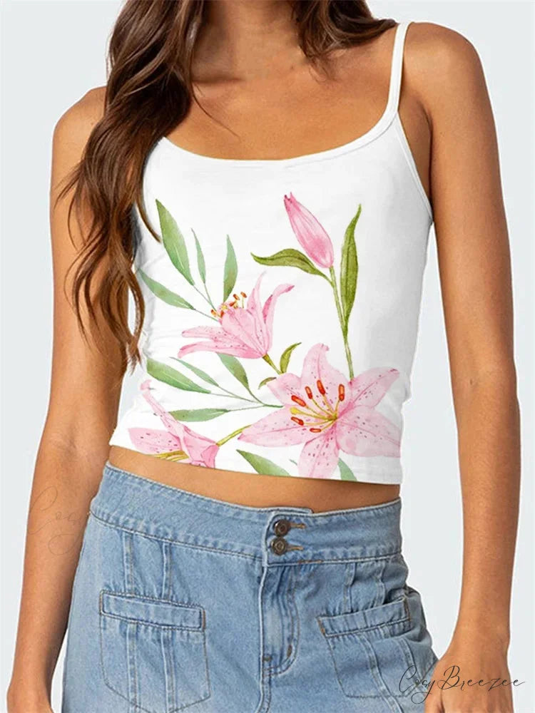 Floral Backless Spaghetti Strap Vintage Crop Top WHITE2 / S croptop-250126