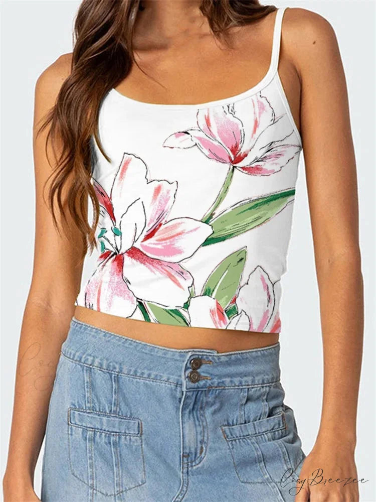 Floral Backless Spaghetti Strap Vintage Crop Top WHITE3 / S croptop-250126