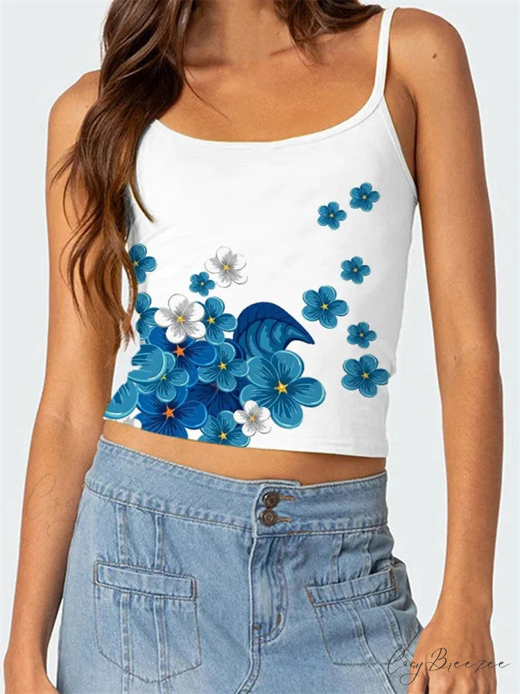 Floral Backless Spaghetti Strap Vintage Crop Top WHITE4 / S croptop-250126