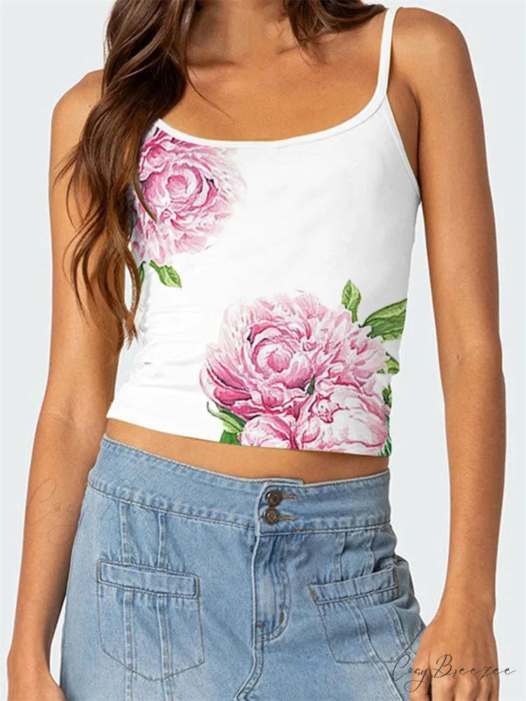 Floral Backless Spaghetti Strap Vintage Crop Top WHITE7 / S croptop-250126