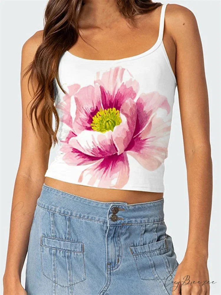 Floral Backless Spaghetti Strap Vintage Crop Top WHITE8 / S croptop-250126