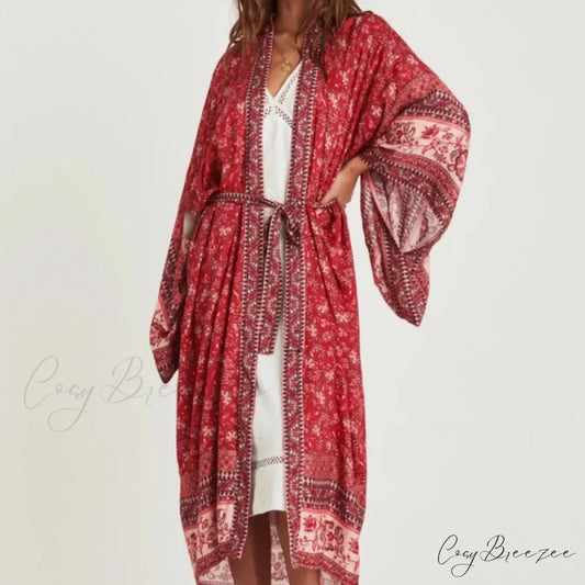 Floral Bat Sleeve Boho Kimono Dress Red / S bohodress-250126