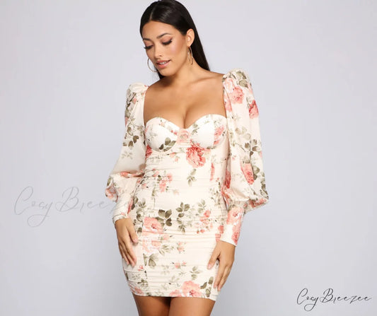 Floral Bloom Stylish Chiffon Mini Dress IVORY / S