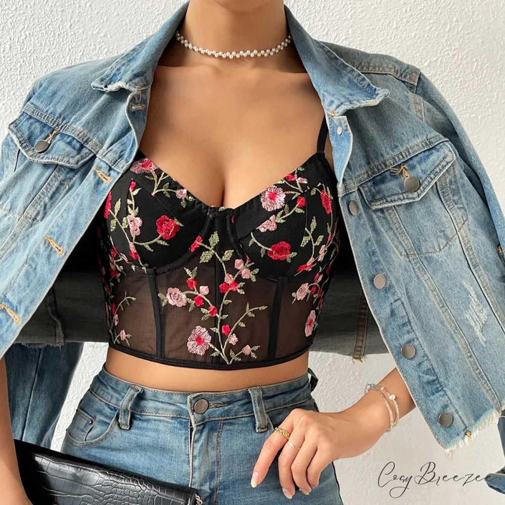Floral Bustier Crop Top with Buckle Halter Tank croptop-250126
