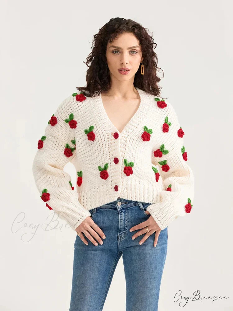 Floral Button Closure Knit Cardigan cardigans-241228