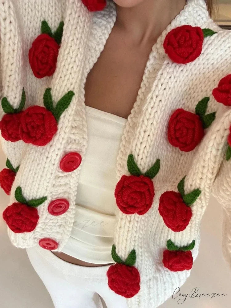 Floral Button Closure Knit Cardigan Orange / S cardigans-241228