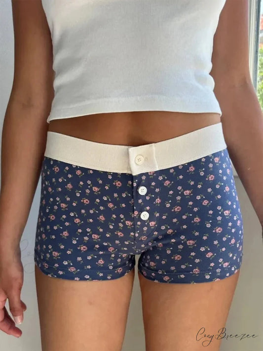 Floral Button Elastic Waist Shorts Blue / S short-250223