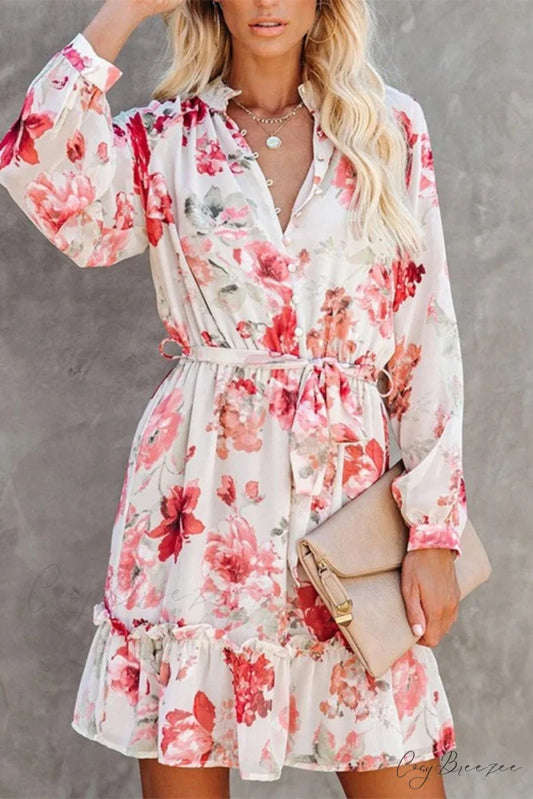 Floral Button Front Deep Modern V Beach Ruffle Dress pink / S