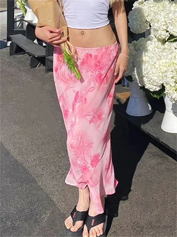 Floral Chiffon Low Waist Casual Retro Skirt Pink / S skirt-250126