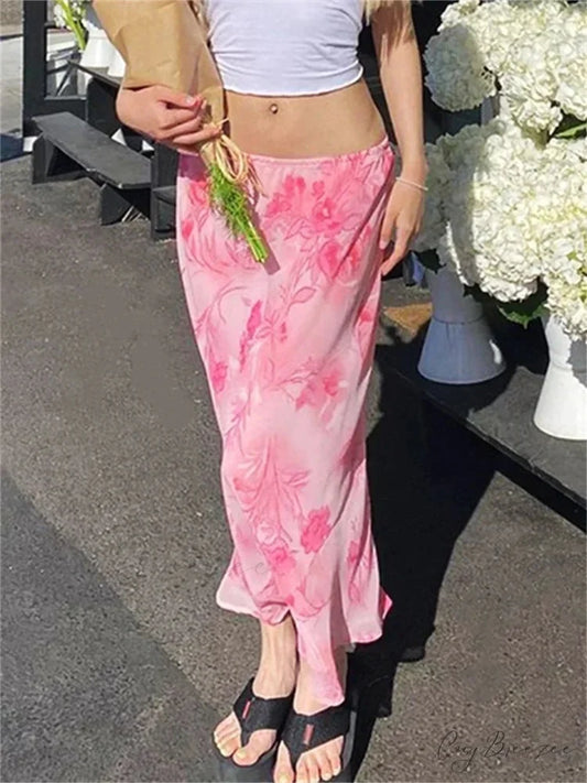 Floral Chiffon Low Waist Casual Retro Skirt Pink / S skirt-250126