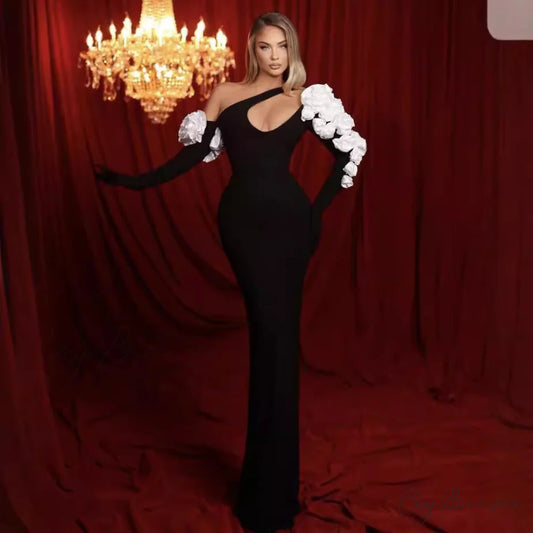 Floral Decorated Long Sleeve Bandage Formal Dress black / XS promdress-250223