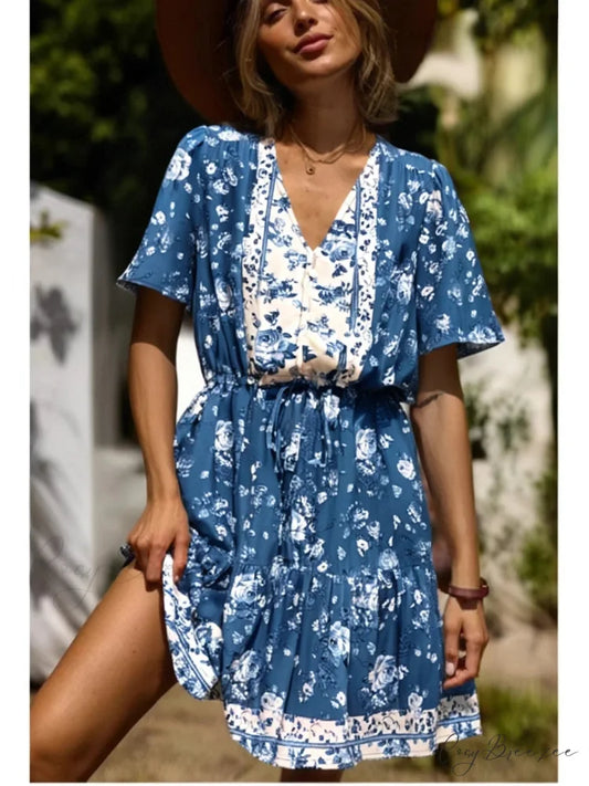 Floral Deep V-neck Tassel Short Sleeve Rayon Vacation Mini Dress Blue / S bohodress-250126