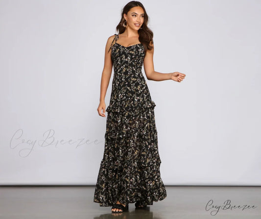 Floral Desire Stylish Ruffled Maxi Dress BLACK / XS