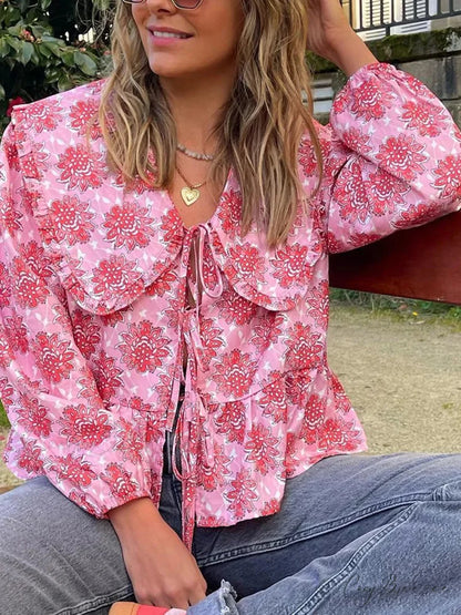 Floral Doll Collar Tie-Up Shirt blouse-250223