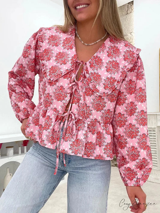Floral Doll Collar Tie-Up Shirt pink / S blouse-250223