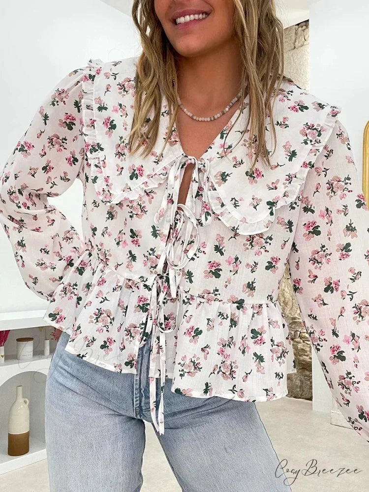 Floral Doll Collar Tie-Up Shirt white / S blouse-250223