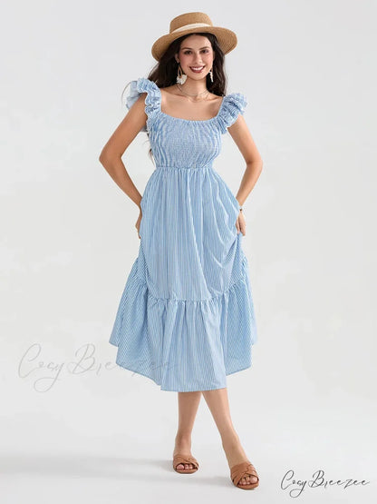 Floral Dot Print Shirred Square Neck Ruffled Flowing Beach Dress floraldress-250126