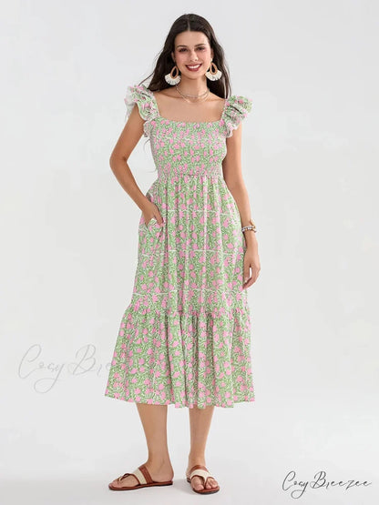 Floral Dot Print Shirred Square Neck Ruffled Flowing Beach Dress floraldress-250126