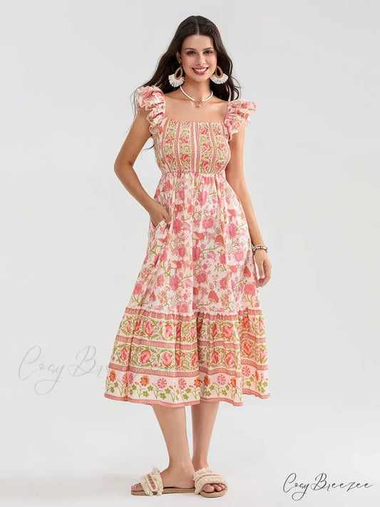 Floral Dot Print Shirred Square Neck Ruffled Flowing Beach Dress floraldress-250126