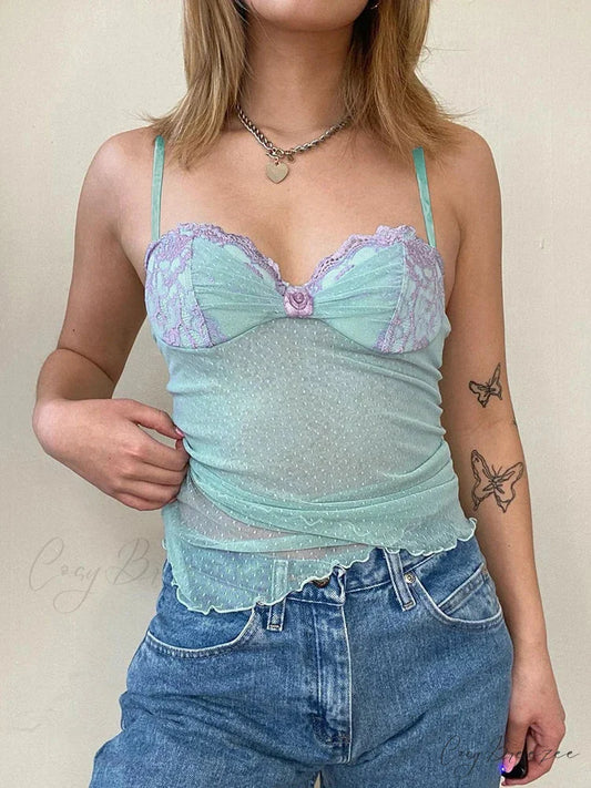 Floral Dot See-Through Crop Top Blue / S croptop-250223