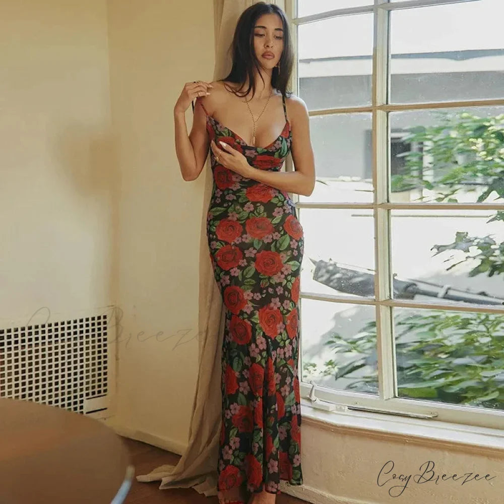 Floral Draped Slip Maxi Dress Red / S