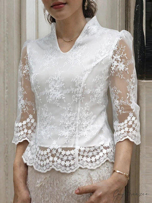 Floral Embroidered Sheer V-neck Elegant Blouse WHITE / S blouse-250126