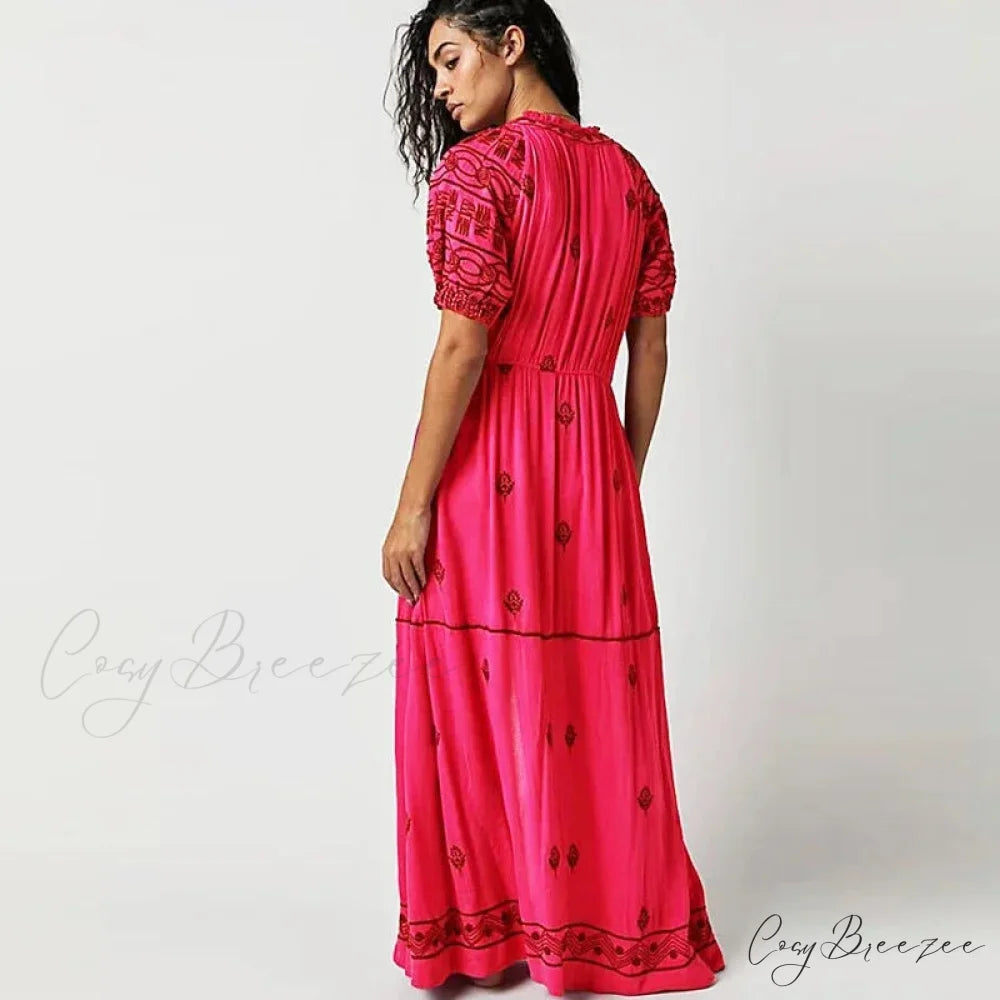 Floral Embroidery Cotton Boho Dress bohodress-250126