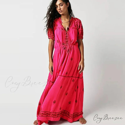 Floral Embroidery Cotton Boho Dress Rose red / S bohodress-250126