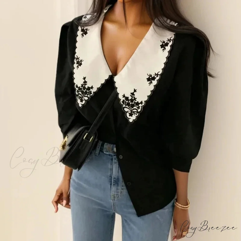 Floral Embroidery Half Sleeve White Vintage Crop Top Black / S blouse-250126