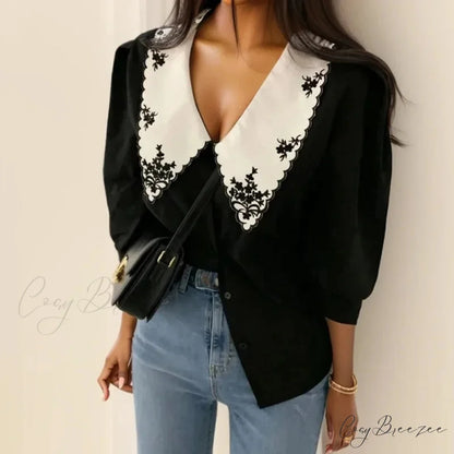 Floral Embroidery Half Sleeve White Vintage Crop Top Black / S blouse-250126
