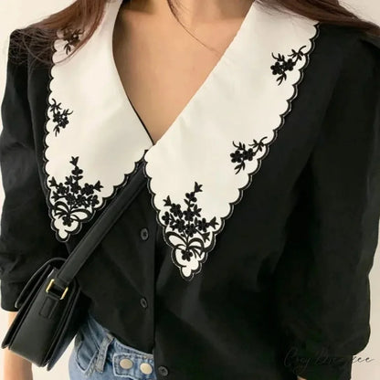 Floral Embroidery Half Sleeve White Vintage Crop Top blouse-250126