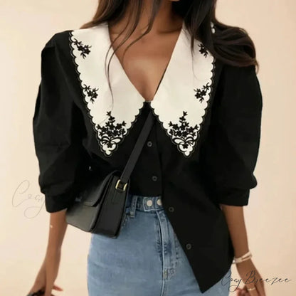 Floral Embroidery Half Sleeve White Vintage Crop Top blouse-250126