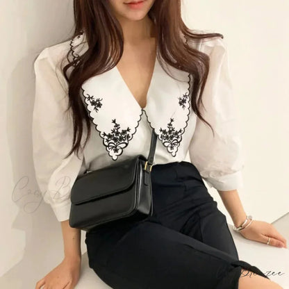 Floral Embroidery Half Sleeve White Vintage Crop Top blouse-250126