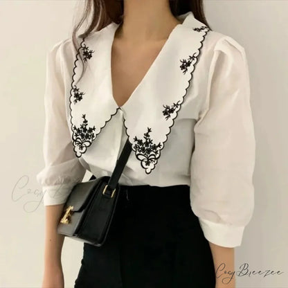 Floral Embroidery Half Sleeve White Vintage Crop Top WHITE / S blouse-250126