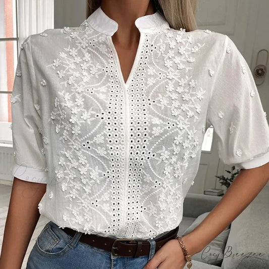 Floral Embroidery Hollow Out V Neck Blouse blouse-250223