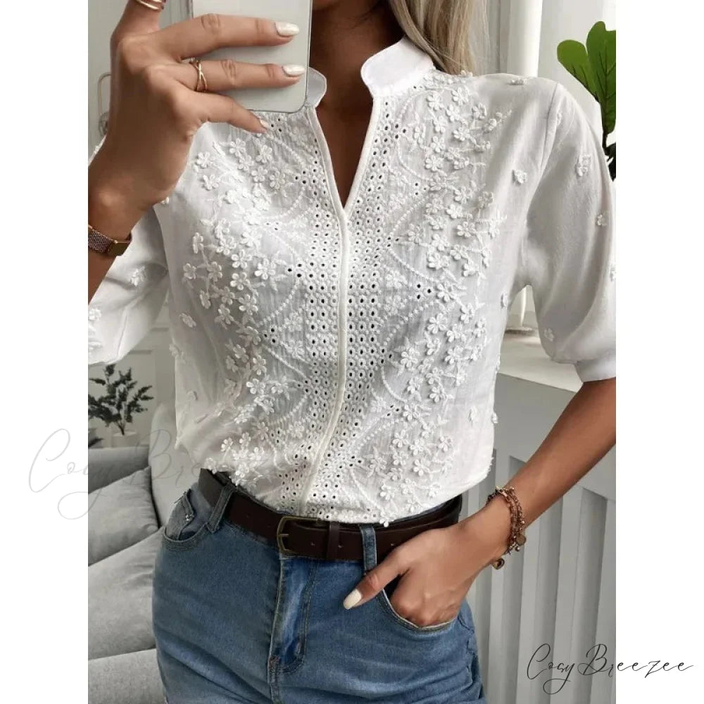 Floral Embroidery Hollow Out V Neck Blouse blouse-250223