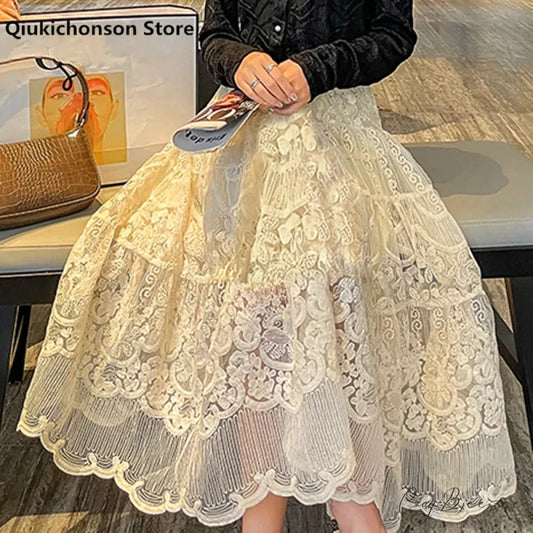 Floral Embroidery Lace High Waist A-Line Skirt apricot / S skirt-250126