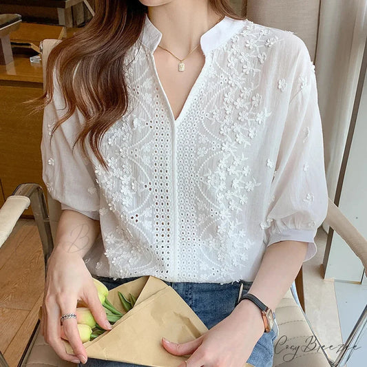 Floral Embroidery Lace Hollow V-neck Crop Top blouse-250126