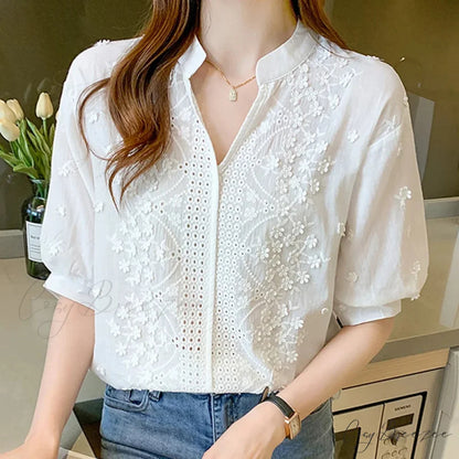 Floral Embroidery Lace Hollow V-neck Crop Top blouse-250126