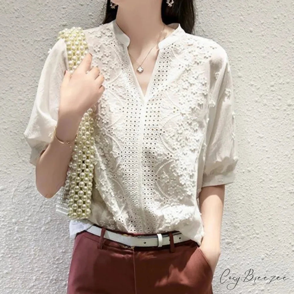 Floral Embroidery Lace Hollow V-neck Crop Top blouse-250126